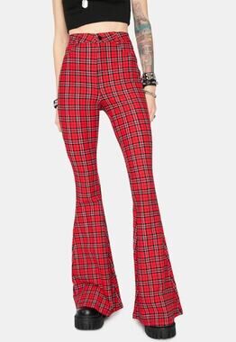 Red Tartan Plaid Bell Bottom Pants Punk Grunge Mall Goth Y2K Indie Flare M